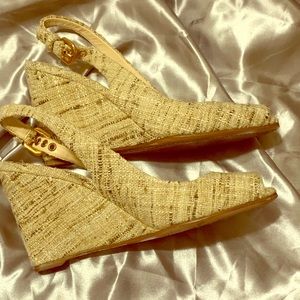 Prada tweed beige peep toe wedges 7.5